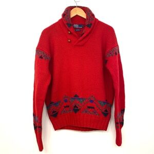 Vintage Polo Ralph Lauren Men’s Red Shawl Collar Pullover Sweater 90s Wool M